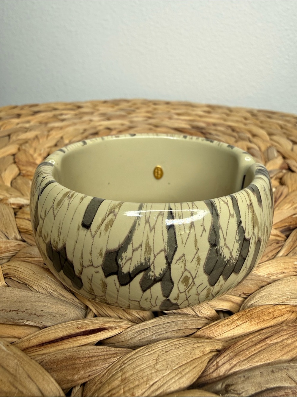 Vintage Kenneth Jay Lane Bangle Snake Python Print Cream Gray Patterned Bracelet